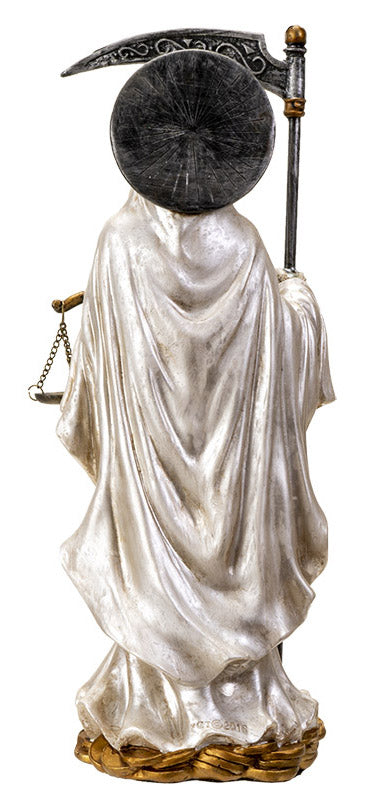 Standing White Santa Muerte With Scythe Scales of Justice And Wise Owl Figurine