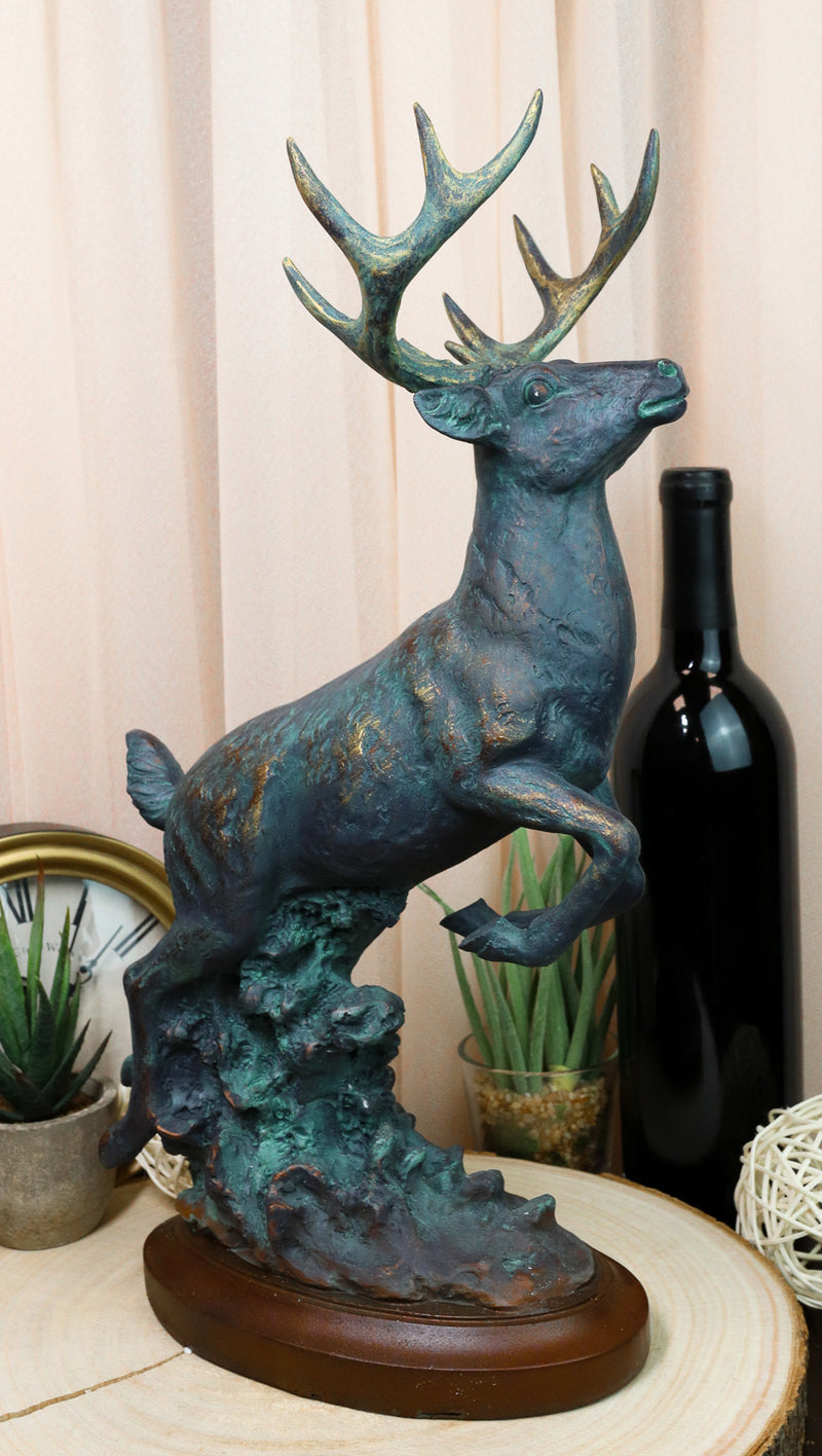 Wildlife 8 Point Stag Buck Deer Statue With Faux Wood Base In Antiqued Bronze