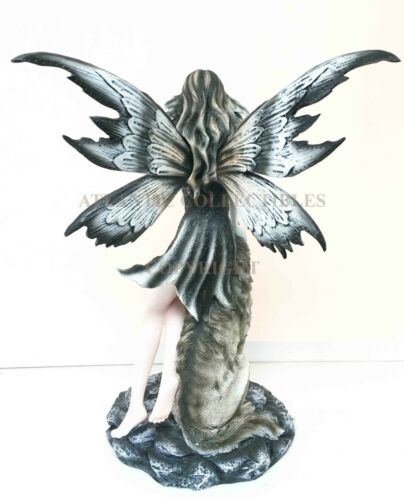 Large 20" Tall Shadow Night Fairy With Lycan Alpha Gray Wolf Statue Figurine