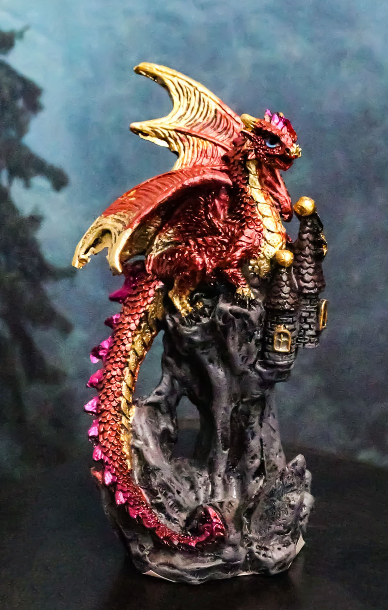 Metallic Crimson Red Dragon Guarding Castle Tower On Mountain Cliff Figurine