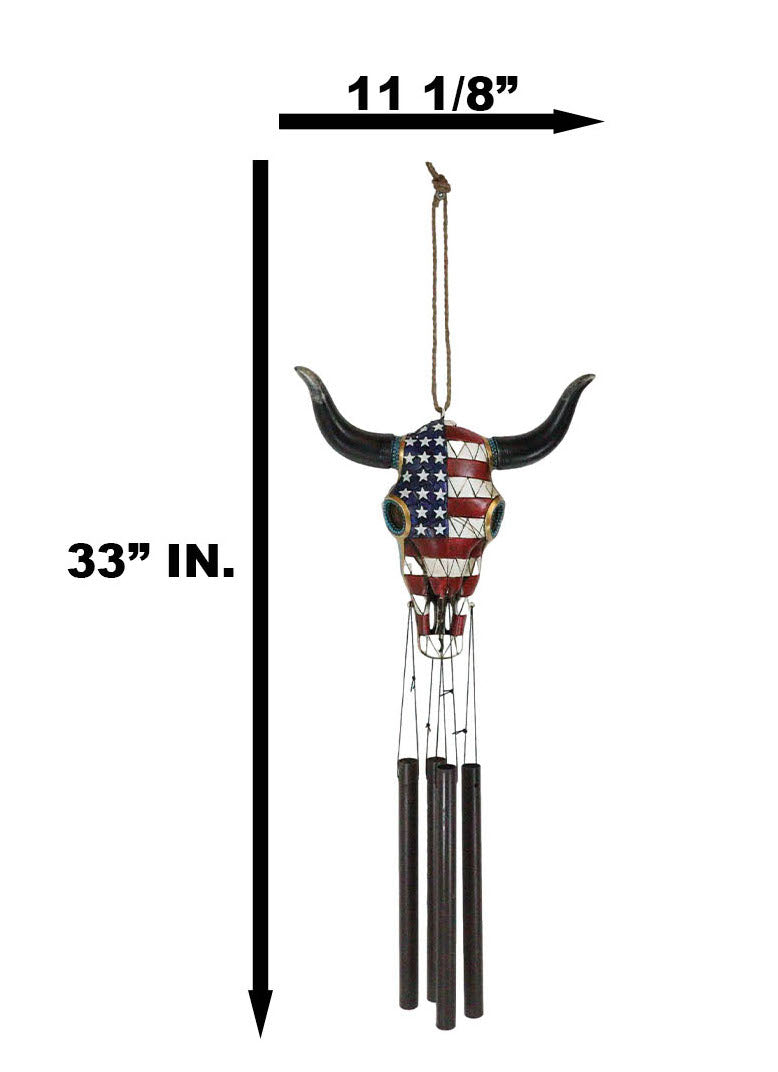 Large Rustic Western Patriotic Bull Cow Skull With US Flag Decorative Wind Chime