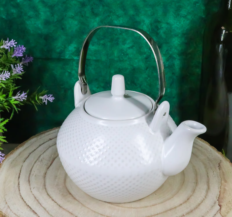 Ebros Gift Imperial Spotted Texture Teapot With Stainless Steel Handle 28oz (White)