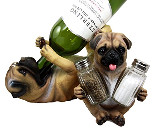 Ebros Canine Pug Dog Wine Bottle And Salt Pepper Shakers Holder Set Kitchen Home