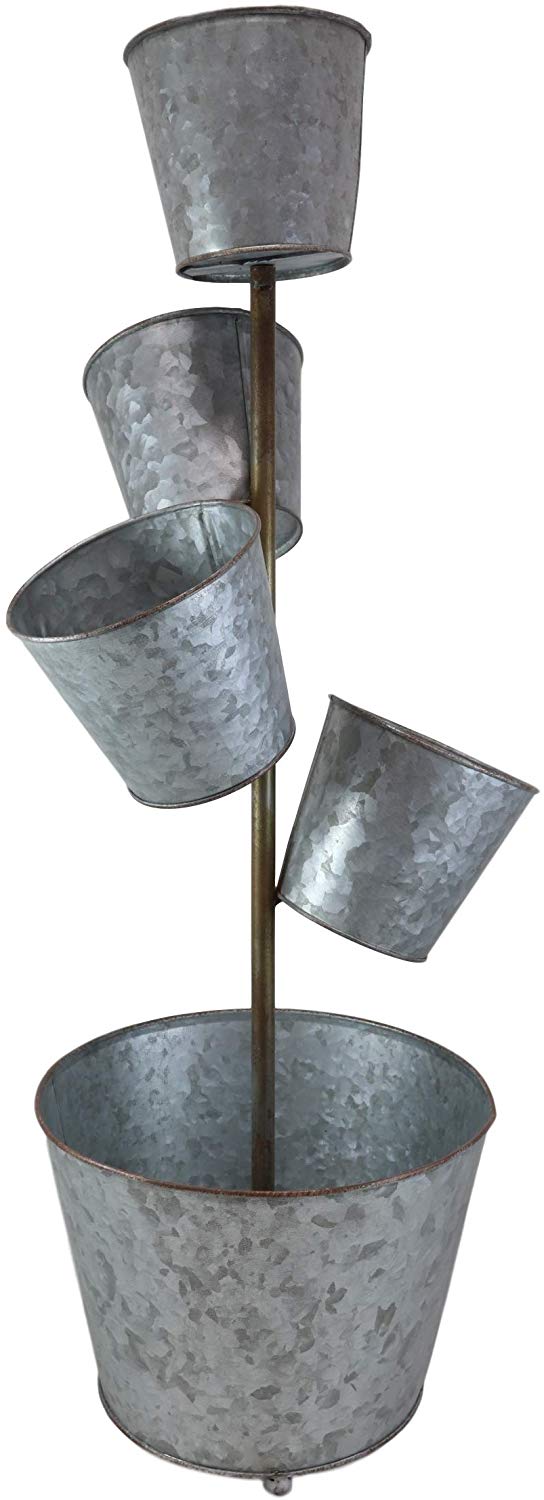 Ebros Gift Galvanized Metal Rustic Vertical Pole 5 Tier Variable Sized Pot Planters Indoor Or Outdoor Standalone Planter Pots for Succulents Or Natural Greenery Plants Lawn Pool Patio Garden Accent