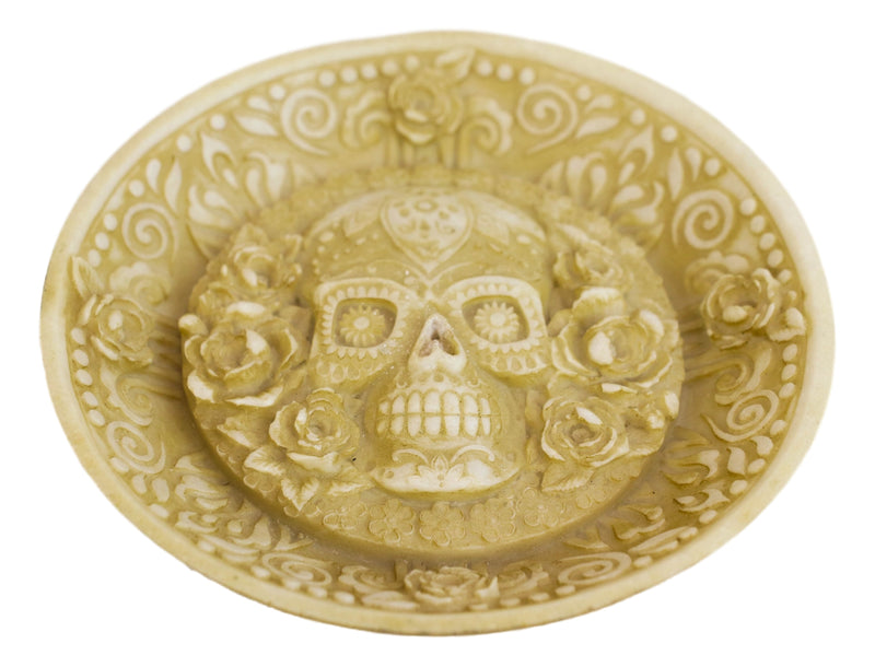 Day of The Dead Floral Sugar Skull Incense Burner Holder Medallion Dish Statue