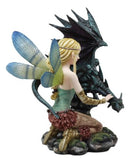 Large Dragonfly Fairy With Azure Ice Dragon Statue 12.5"Tall Lady Of The Lake