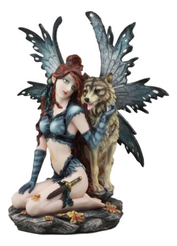 Large Blue Tribal Huntress Wildling Fairy Embracing Alpha Direwolf Statue 13.5"H