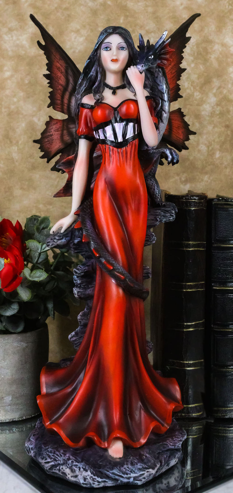 Butterfly Winged Elf Fairy In Red Evening Gown With Midnight Dragon Figurine