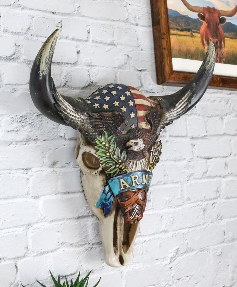 Western Patriotic Bull Cow Skull With American Flag Bald Eagle Army Wall Decor