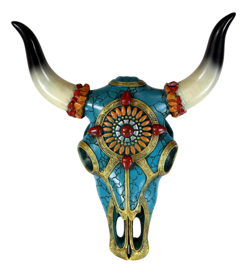 Southwest Steer Bison Cow Aztec Sun Gold And Turquoise Mosaic Skull Wall Decor