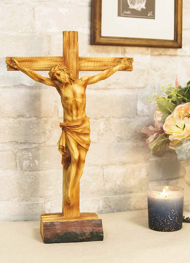 Ebros Large 15.25 Tall Jesus Christ With Crown Of Thorns Crucified On The  Cross Desktop Plaque Statue Crucifix Crosses Sculpture in Faux Oak Wood  Like Finish Resin Catholic Christian Home Decor 