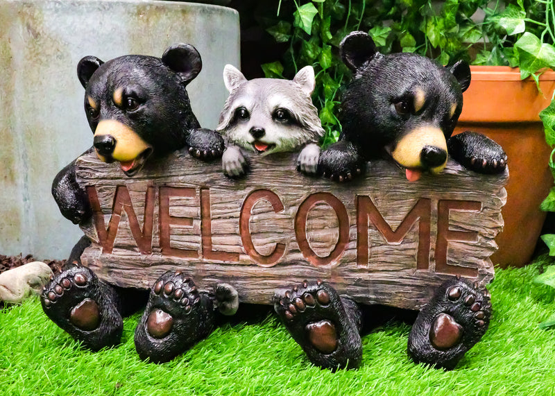 Ebros Forest Pals Welcome Sign Twin Black Bears And Racoon Garden Greeter Statue 16"L