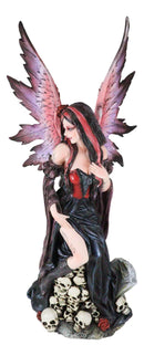 Black Sorceress Skulls Fairy with Red Rose Standing On Tombstone Figurine 15"H