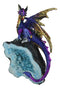 Azure Blue Iridescent Dragon On Faux Geode Rock Quartz Crystal Cove Figurine 5"H