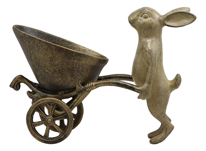 Ebros Gift 12" Long Aluminum Rustic Whimsical Bunny Rabbit Pushing Wheelbarrow Cart Flowers Or Plants Planter Garden Statue Or As Wine Bottle Holder Valet Decorative Rabbits Accent Decor