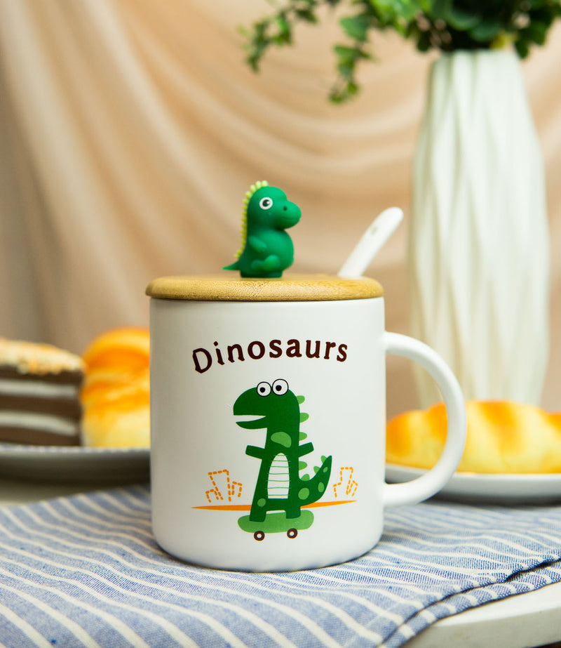 Ebros Pack Of 2 Green Baby Dinosaur On Skateboard Coffee Mugs With Lid And Spoon 12oz