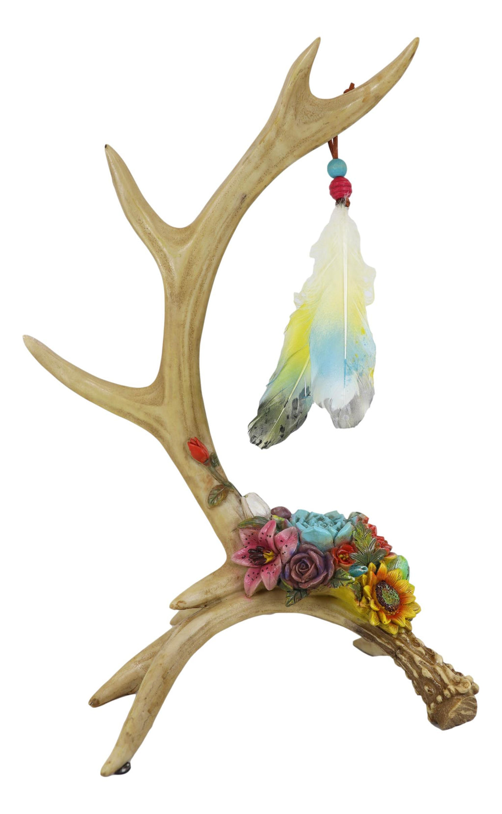 Rustic Buck Deer Antler With Flowers And Feathers Jewelry Tree Or