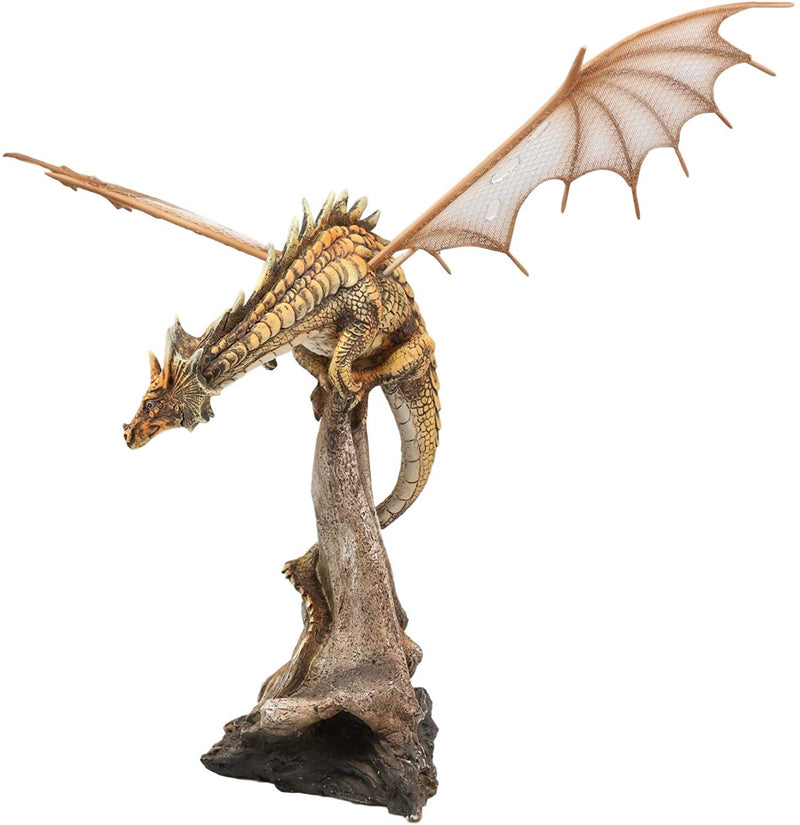 Ebros Gold Color Desert Pterosaur Dinosaur Dragon Perching On Rock Statue 14.5"H