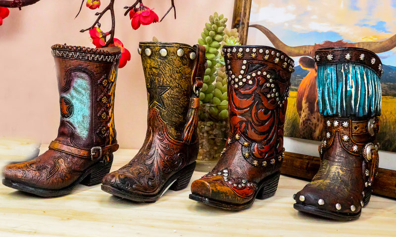 Set of 4 Western Cowboy Turquoise Tooled Leather Boots Make Up Tools Pen Holder