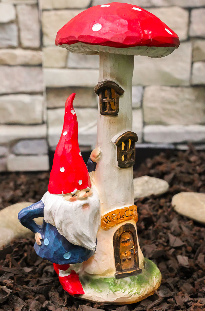 Whimsical Garden Gnome By Toadstool Mushroom Home LED Courtesy Light Figurine