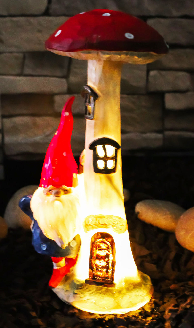 Whimsical Garden Gnome By Toadstool Mushroom Home LED Courtesy Light Figurine