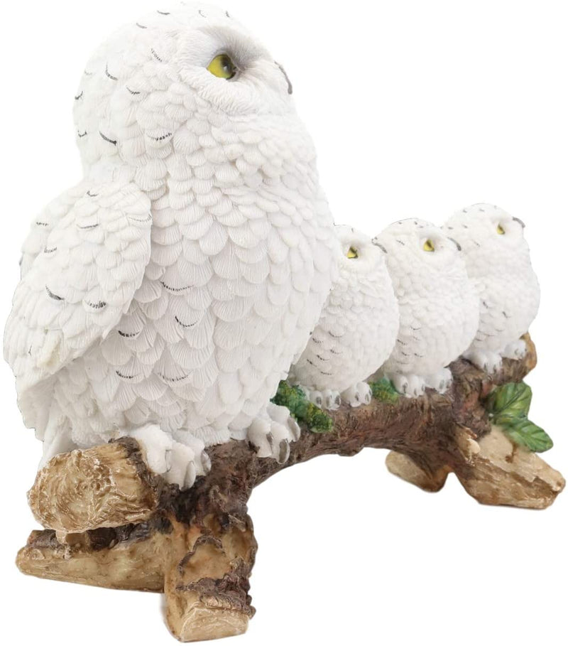 Ebros White Owl Perching On Tree Branch With 3 Baby Owlets Statue 10.25" Wide