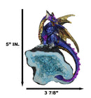 Azure Blue Iridescent Dragon On Faux Geode Rock Quartz Crystal Cove Figurine 5"H