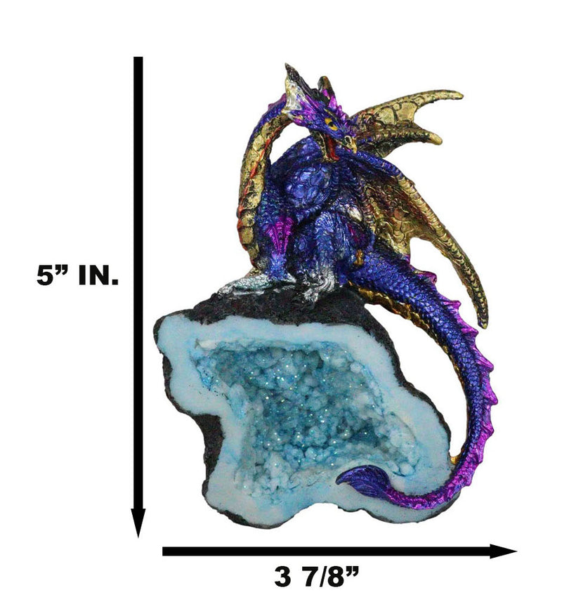 Azure Blue Iridescent Dragon On Faux Geode Rock Quartz Crystal Cove Figurine 5"H