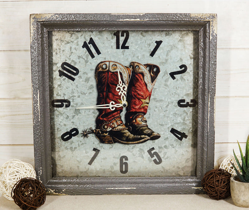 Rustic Western Vintage Cowboy Double Boots Galvanized Metal Wall Clock 14"x14"