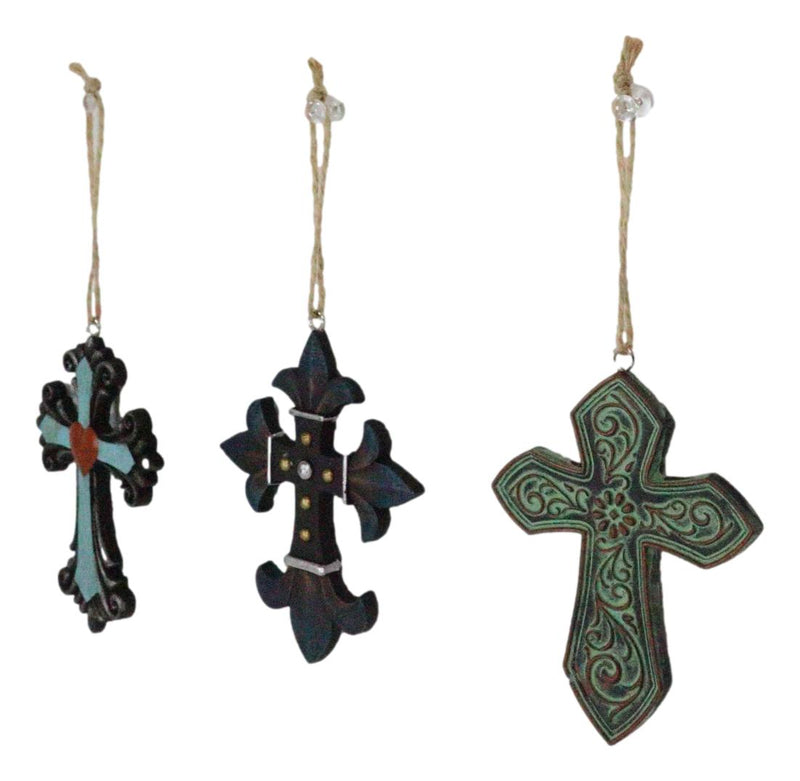 Pack of 3 Rustic Western Fleur De Lis Scrollwork Heart Plaque Cross Ornaments