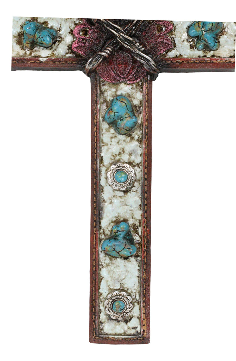 Rustic Western Crackled Turquoise Stones On White Rocks Barbed Wires Wall Cross