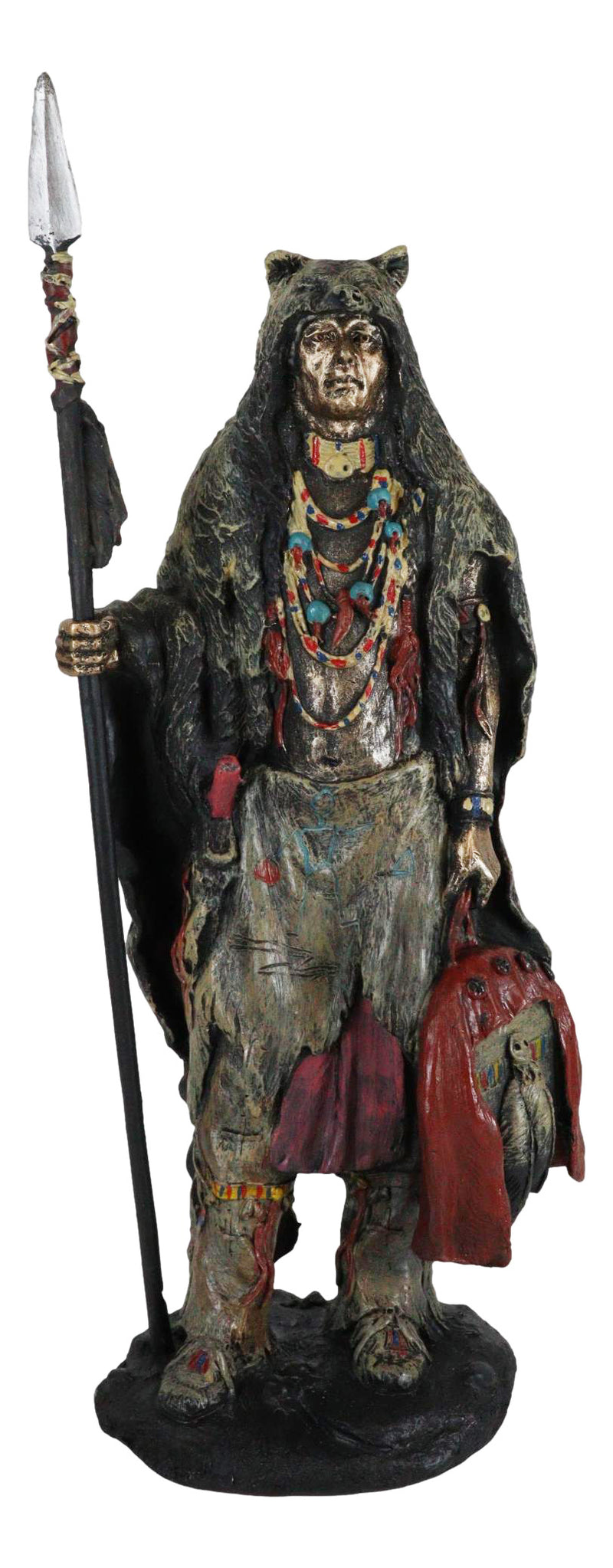 Brave Tribal Indian Native Warrior Hunter With Bear Headdress Winter Coat Statue