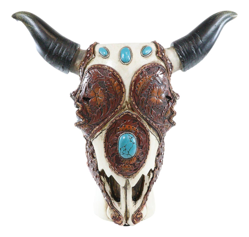 Set Of 2 Southwest Cow Skulls With Turquoise Rocks Tooled Leather Vase Figurines