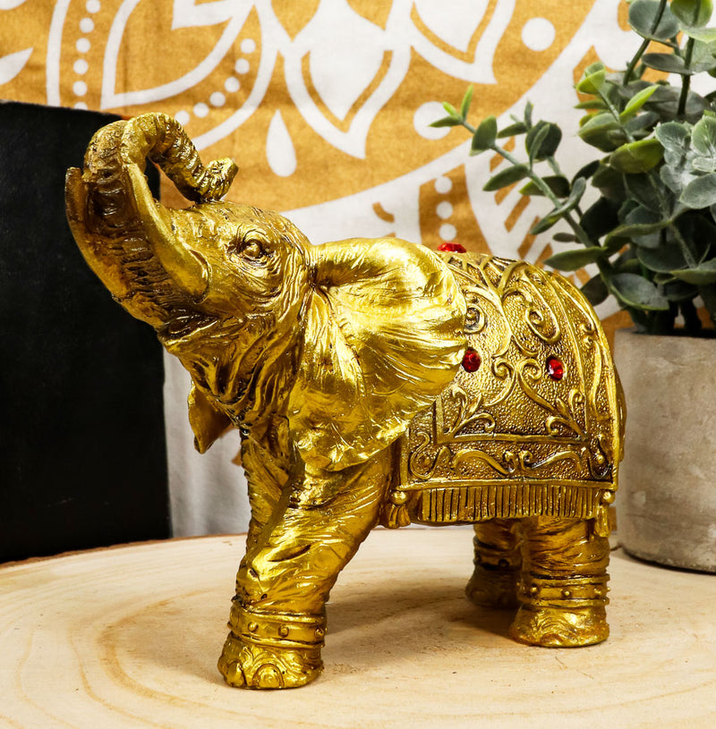 Thai Buddhism Noble Golden Elephant Trumpeting With Trunk Up Figurine Sculpture