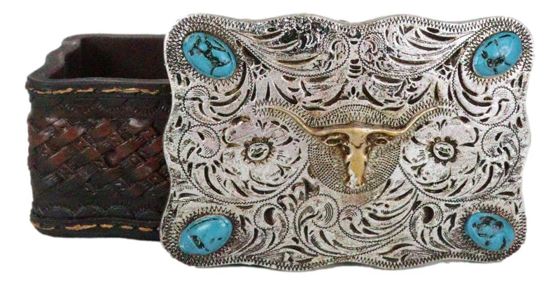 Rustic Western Longhorn Cow Skull Concho Tooled Leather Decorative Trinket Box