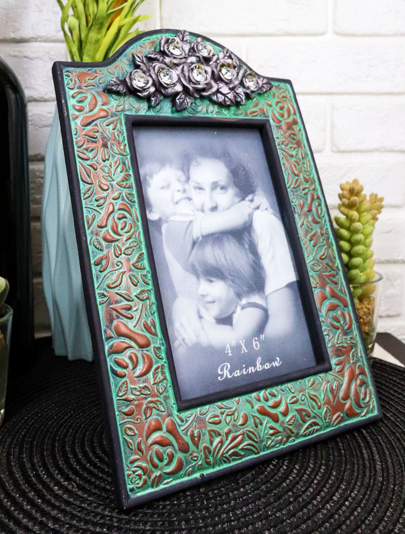 Western Silver Roses Turquoise Faux Tooled Leather Picture Photo Frame 4"X6"