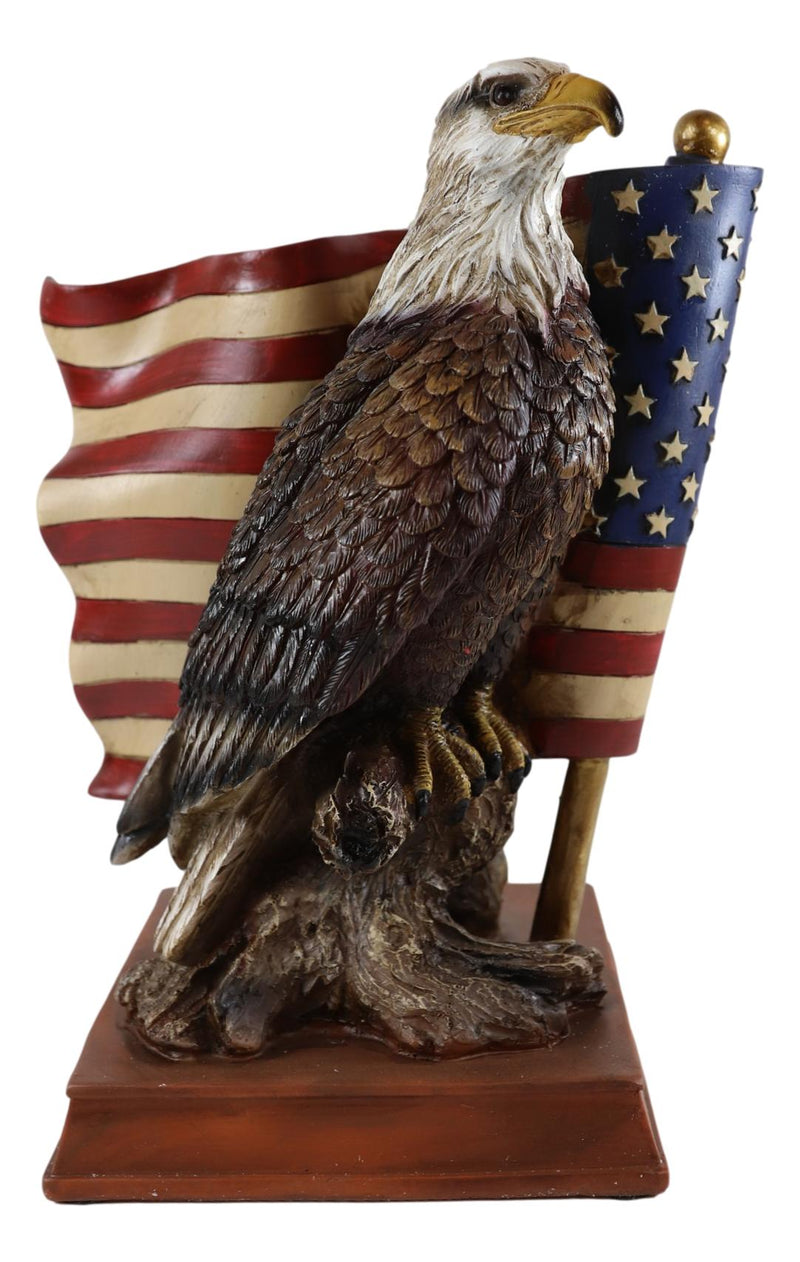 American Pride National Emblem Bald Eagle Perching On Tree By Flag Figurine 9"H