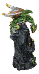 Metallic Golden Green Dragon Guarding Castle Tower On Mountain Cliff Figurine