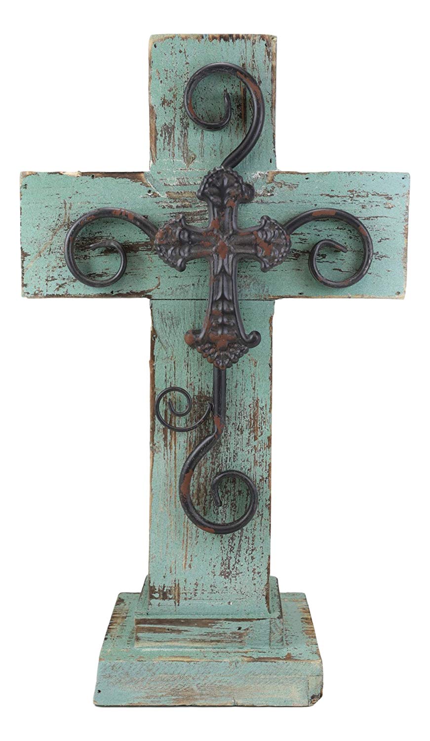 Ebros Rustic Western Wooden Turquoise Standing Cross Statue With Metal ...