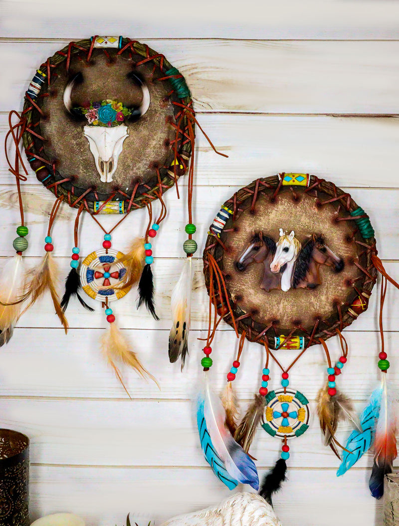 Pack of 2 Wild Horses Floral Cow Skull Dreamcatcher Beaded Feather Wall Plaques