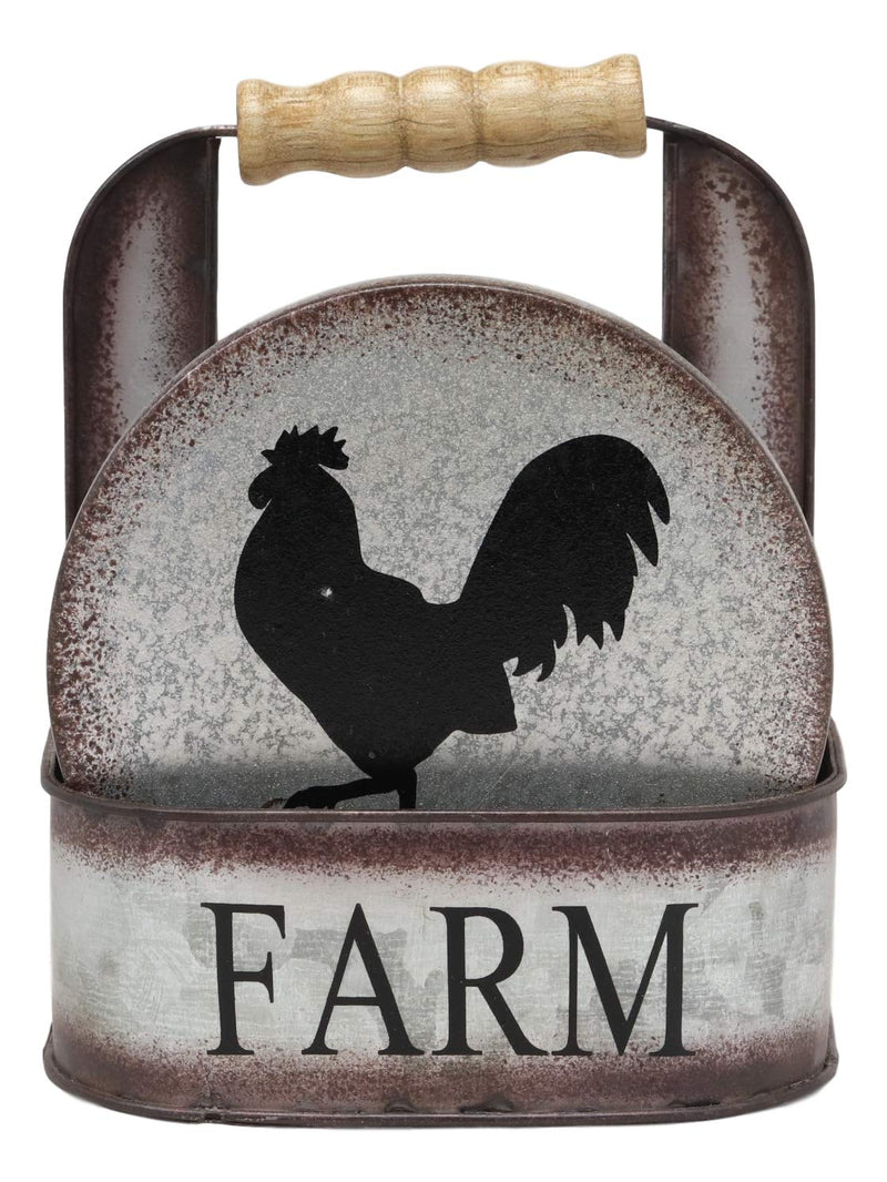 Ebros Gift Galvanized Metal Rustic Western Animal Farm Livestock Rooster Hen Pig Cow Coaster Set 4 Round Assorted Coasters with Basket Holder 5.25" High Cabin Lodge Mountain Lake Side Home Decor