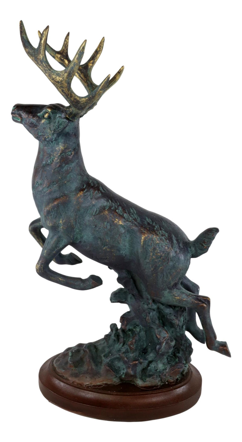 Wildlife 8 Point Stag Buck Deer Statue With Faux Wood Base In Antiqued Bronze