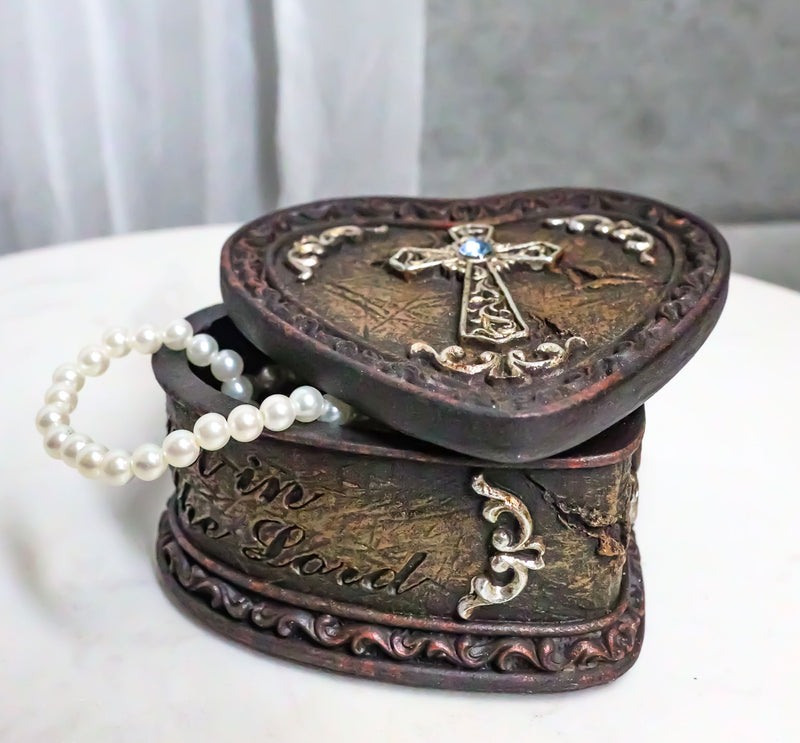 Rustic Western Trust In The Lord Scroll Cross Heart Shaped Jewelry Trinket Box