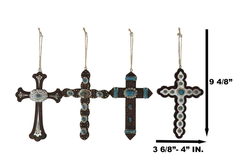 Rustic Western Turquoise Faux Leather Crosses Set of 4 Christmas Tree Ornaments