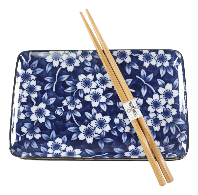 Sushi Set Blue & White with Geometric Symbol 4 pcs with Chopsticks