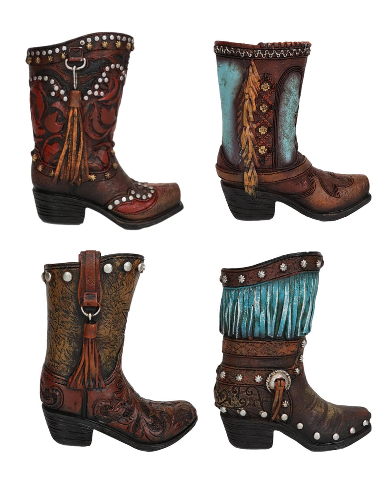 Set of 4 Western Cowboy Turquoise Tooled Leather Boots Make Up Tools Pen Holder