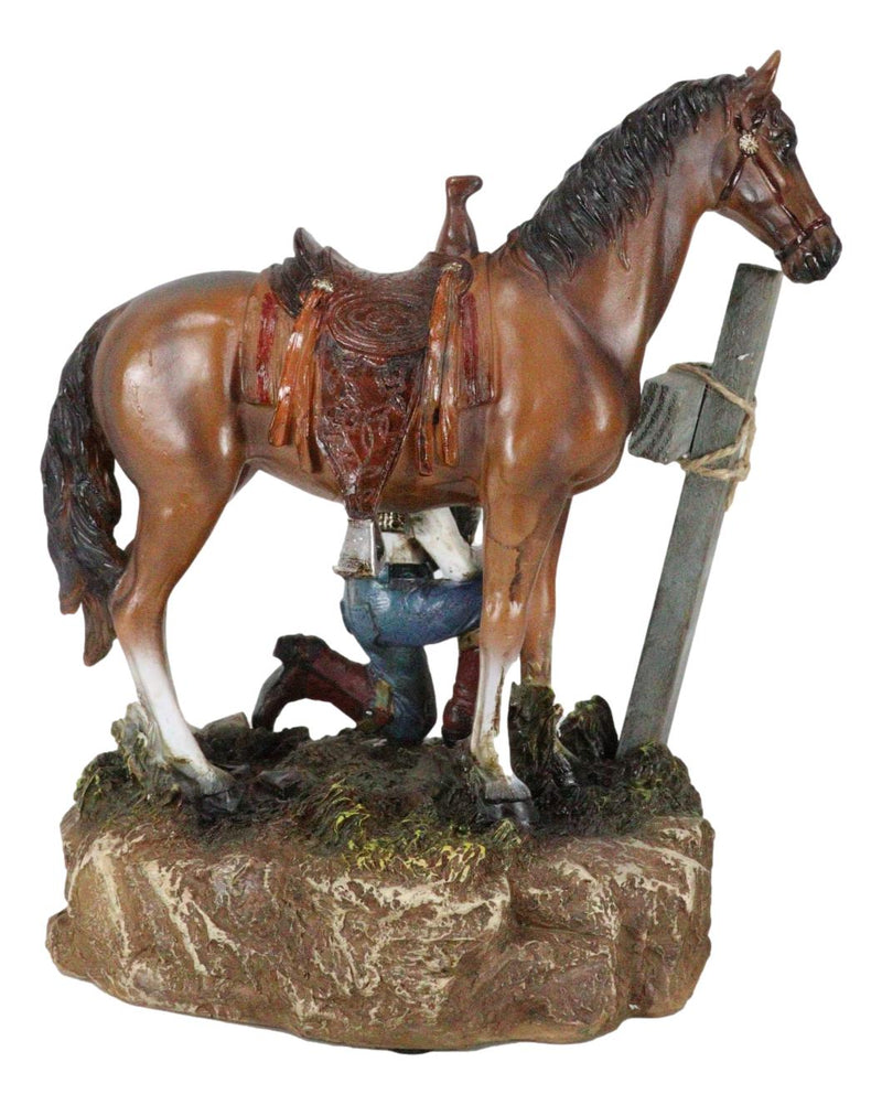 Rustic Western Cowboy By Brown Horse Praying At The Foot Of The Cross Figurine