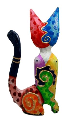 Balinese Wood Handicrafts Tropical Colors Feline Cat Family Set of 3 Figurines