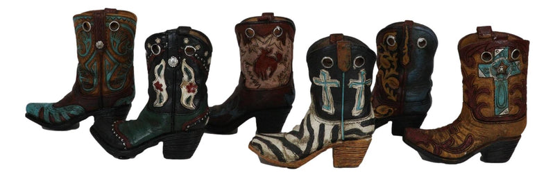 Rustic Western Crosses Tooled Leather Finish Mini Cowboy Boots Figurine Set Of 6