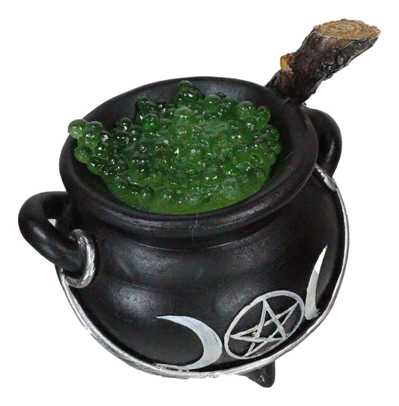 Wicca Triple Moon Goddess Pentagram LED Light Cauldron And Broomstick Figurine